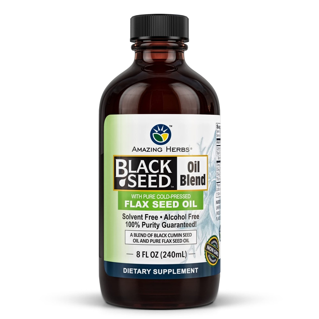 Amazing Herbs Cold-Pressed Black Seed ve Flax Tohum Yağı - Gluten-Free, Non-GMO, Yüksek Omega 3, 6, & 9, Supports Ortak, Brain, and Heart Function - 8 Fl Oz Oz