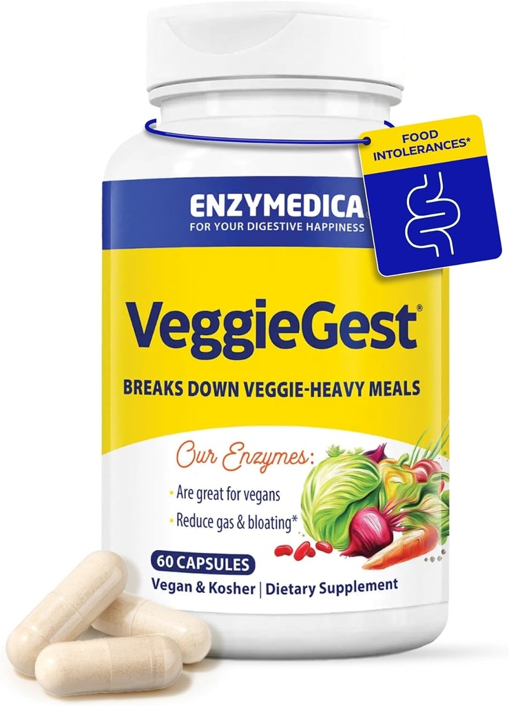 Enzymedica, VeggieGest, Digestive Enzymes, Yüksek Fiber Meals'tan Occasional Gas & Bloating Relief, Vegan & Vegetarian Diyets için Enzyme Mix for Digestive Health, 60 Count