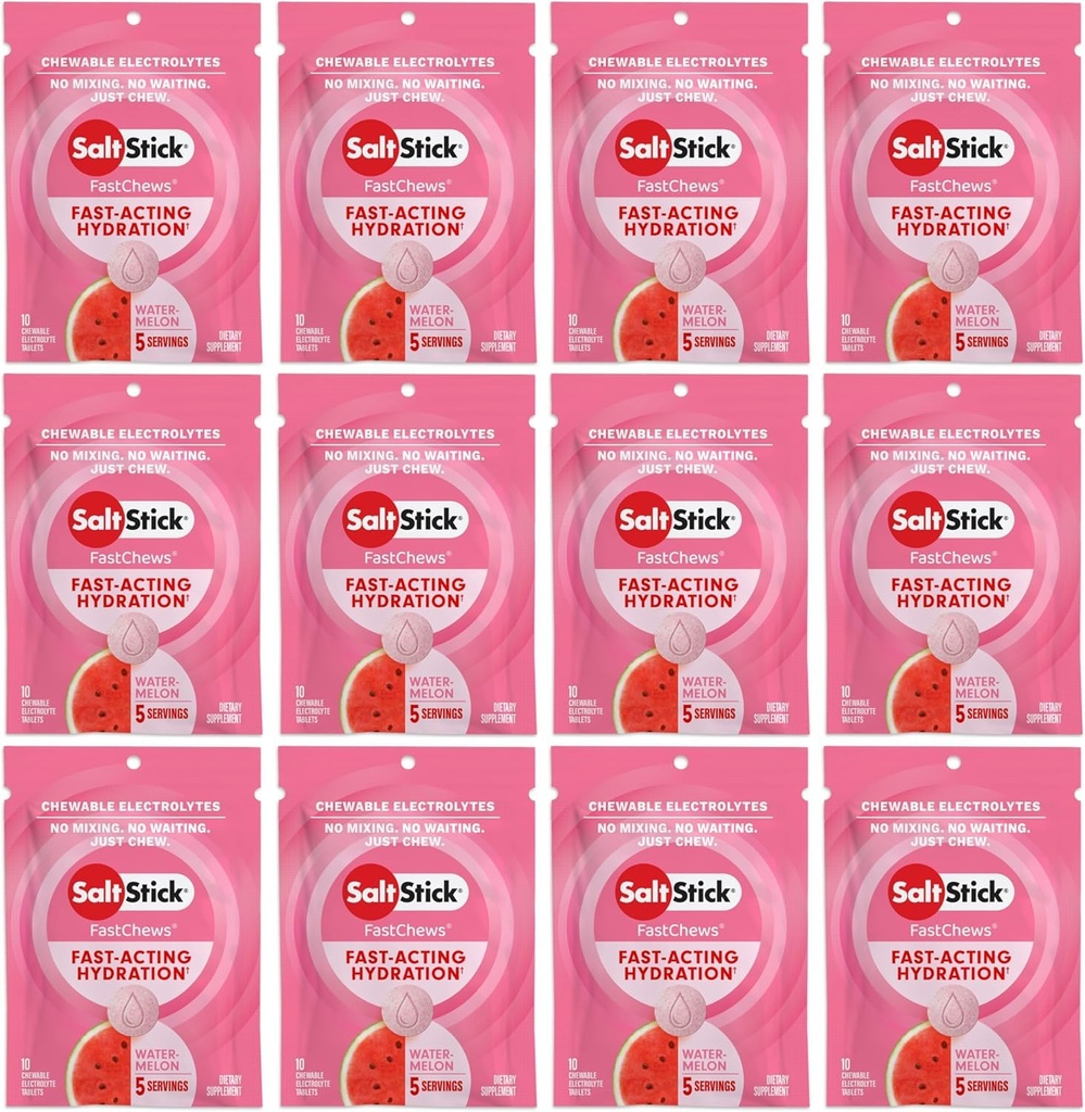 SaltStick Electrolyte FastChews - 120 Kont Watermelon Flavor - Hydration için Elyte Tabletler, Salt Tabs - 10 Kont (Brook of 12)