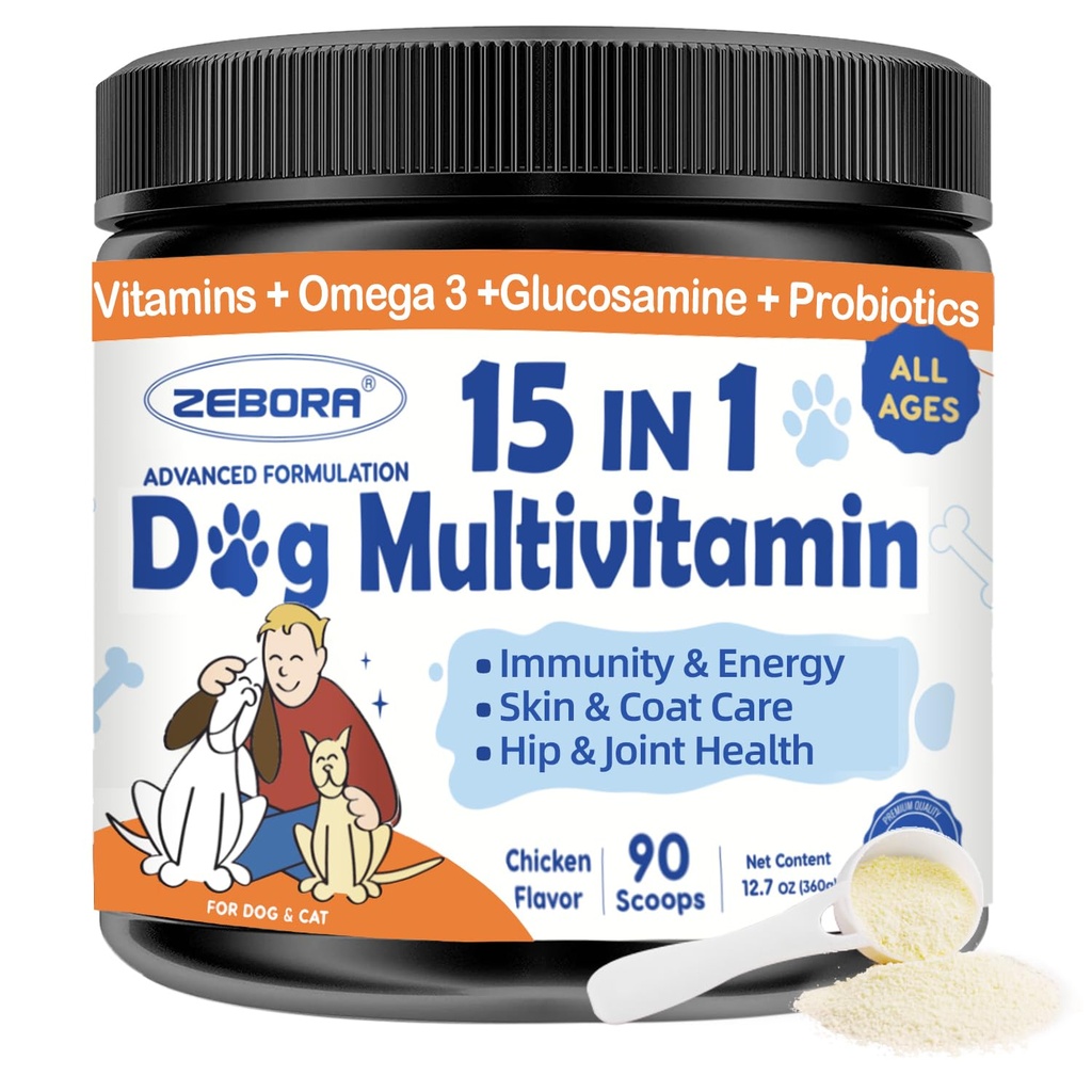 ZEBORA Dog Multivitamin Toz with Glucosamine, Dog Vitamins and Supplements for Immune Support, Skin and Coat Supplement Supplement with Omega 3 for Antigestive & Gut Health