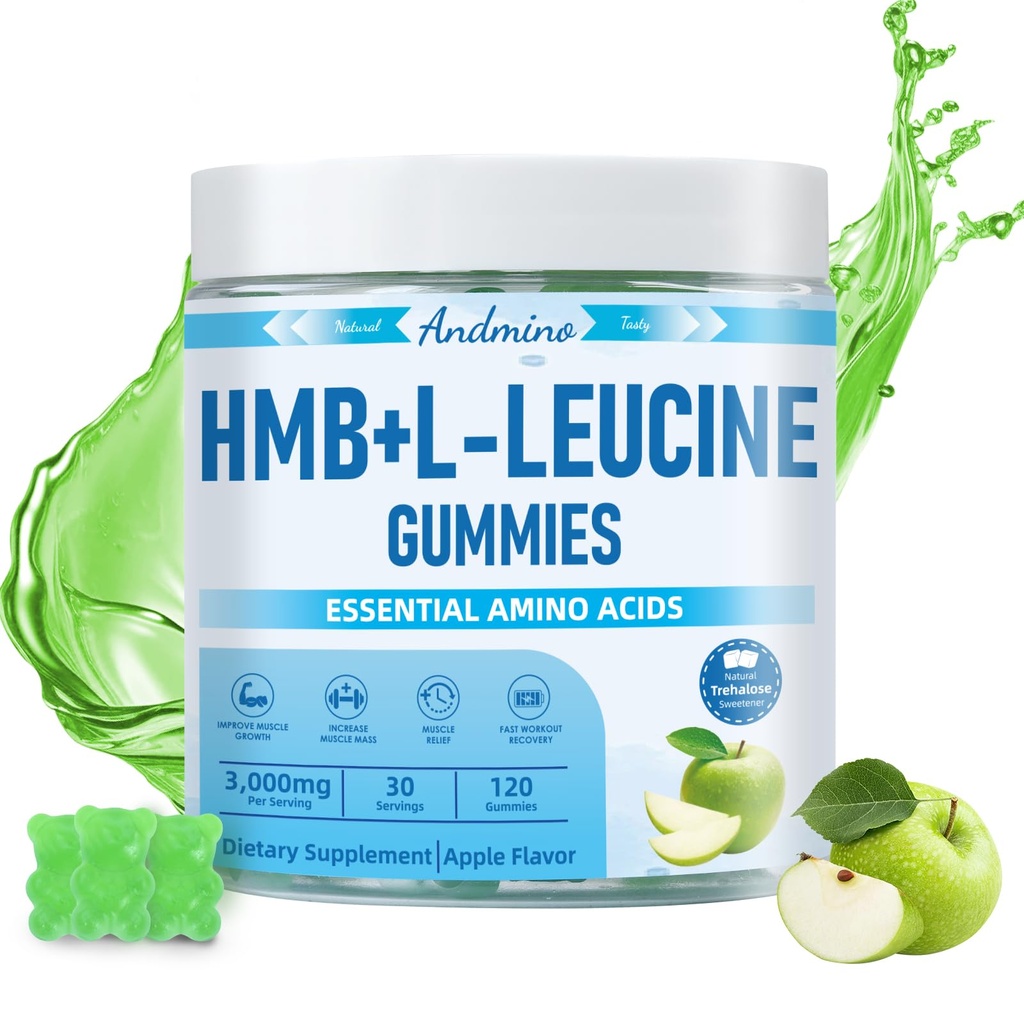 HMB and L-Leucine Gummies, 3000mg, with Trehalose, for Muscle Growth, Muscle Relief and Workout Recovery, for Adults & Elder, Non-GMO, Vegan, Gluten Free, Apple Flavor, 120
