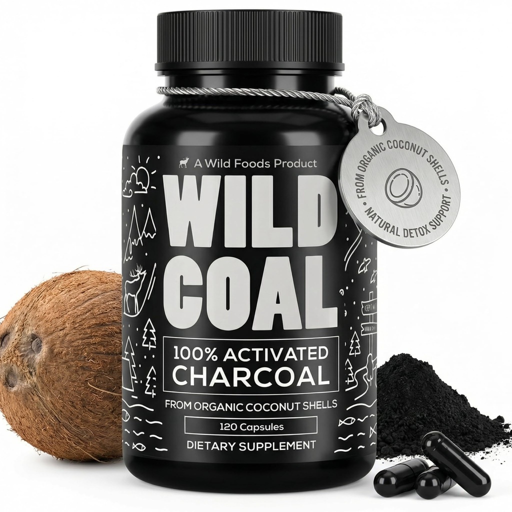 Vahşi Gıdalar Aktif Charcoal Capsules | 100% Organik Coconut Shells Bloating & Hangover için Aktif Tabletler | Lab Tested & Non-GMO Detox Pills | ABD'de (120 Capsules)