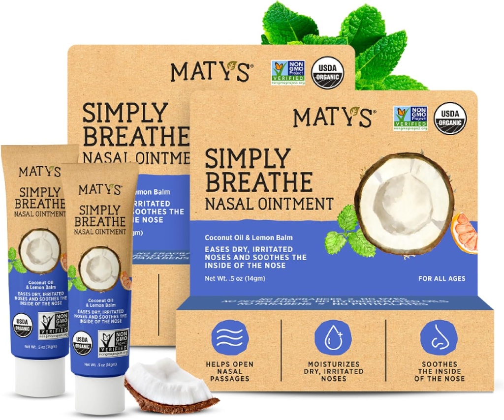 Matys Organik Sadece Kuru Nos & Nostrils için Nefes Al Nasal Ointment For Allergies, Nose Bleeds, CPAP & Oksijen Device Irritation, Clean Saline Alternative for Yetişkinler & Kids, 2 Pack, 0,5 oz Every