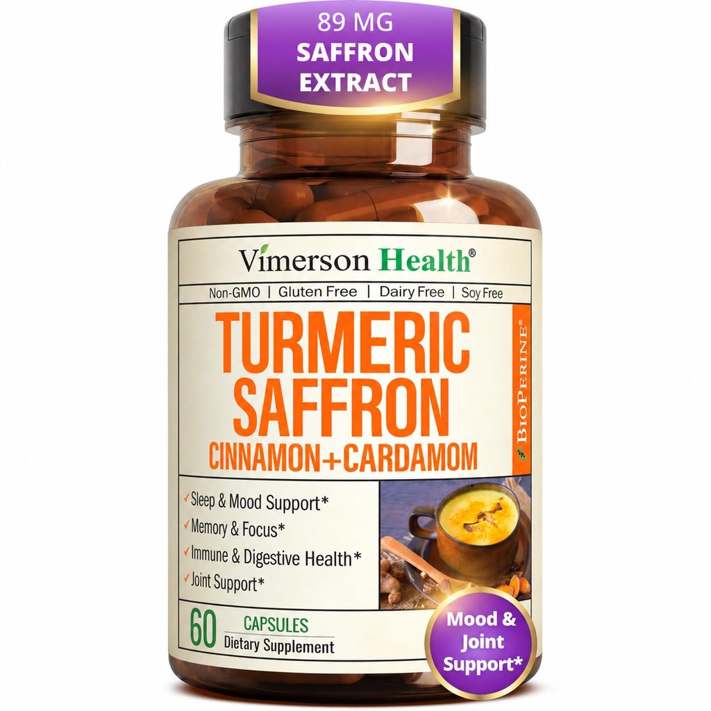 Saffron Supplements – 89 mg Saffron Ekstraksiyon ve 1000 mg Tumeric Mix – Turmeric Supplement with Ceylon Cinnamon and Cardamom for Mood, Memory & Eye Health – Ortak Supplements for Women & Men – 60 Kont