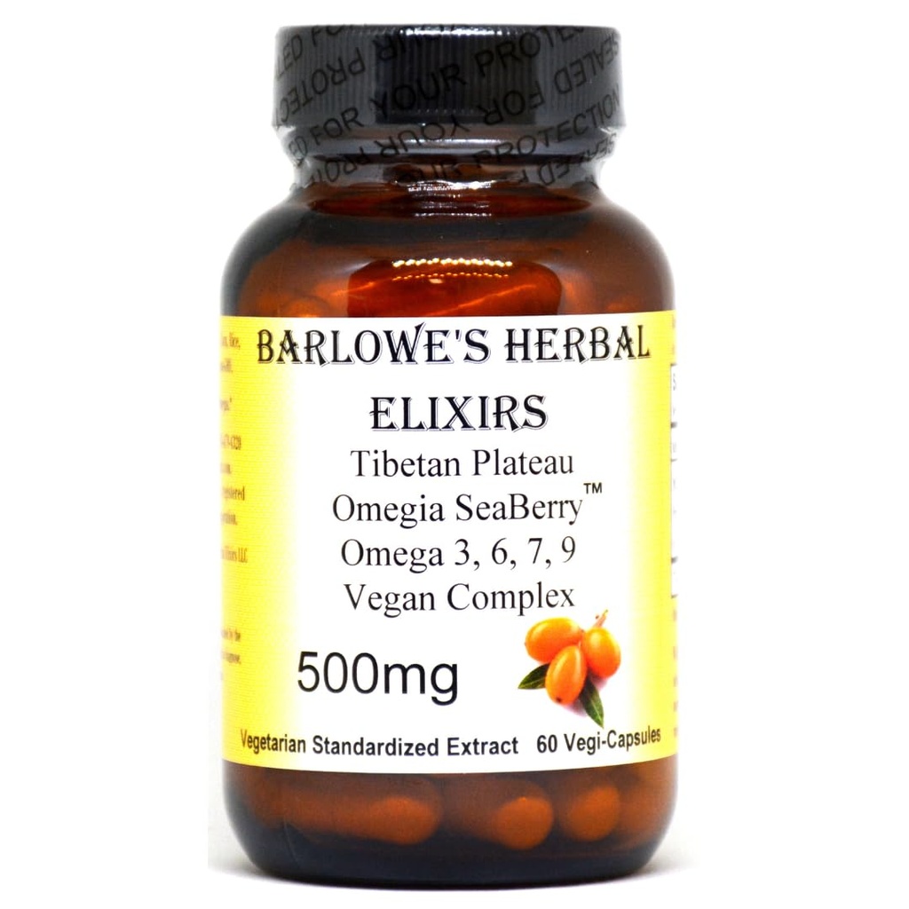 Barlowe's Herbal Elixirs Omegia SeaberryTM | Sea Buckthorn | Tamam Omega 3, 6, 7, 9 Fatty Acids | 500 mg Per Capsule | 60 Veggie Capsules | Glass Şişe | Stearate Free Free Free