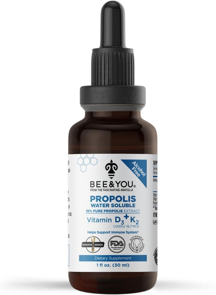 BEE ve You Liquid Propolis Extract, Water ►, Vitamins D3+K2, Yüksek Potency, Immune Support Supplement, Sore Throat Relief, Antioksis, Keto, Paleo, Gluten-Free, 1 Fl Oz (1 Pack)