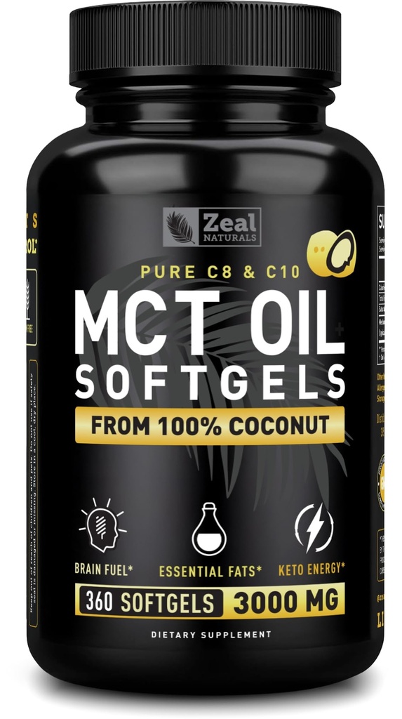 Zeal Naturals Pure MCT Oil Capsules - 3000mg, 360 Softgels |C10, C8 MCT Oil Unrefined Coconut | Energy Support & Brain Fuel Supplement | Gluten-Free