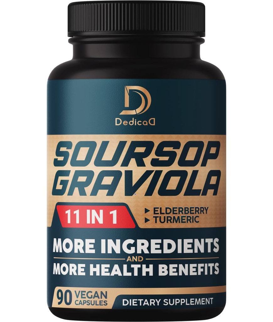 Soursop Graviola Capsules - 3 Ay Supply - 9450 mg In Service - 11 Herbs Elderberry, Turmeric Curcumin, Ginger Root, Milk Thistle - Mood, Mind, Body & Immune Support - 90 Vegan Capsules