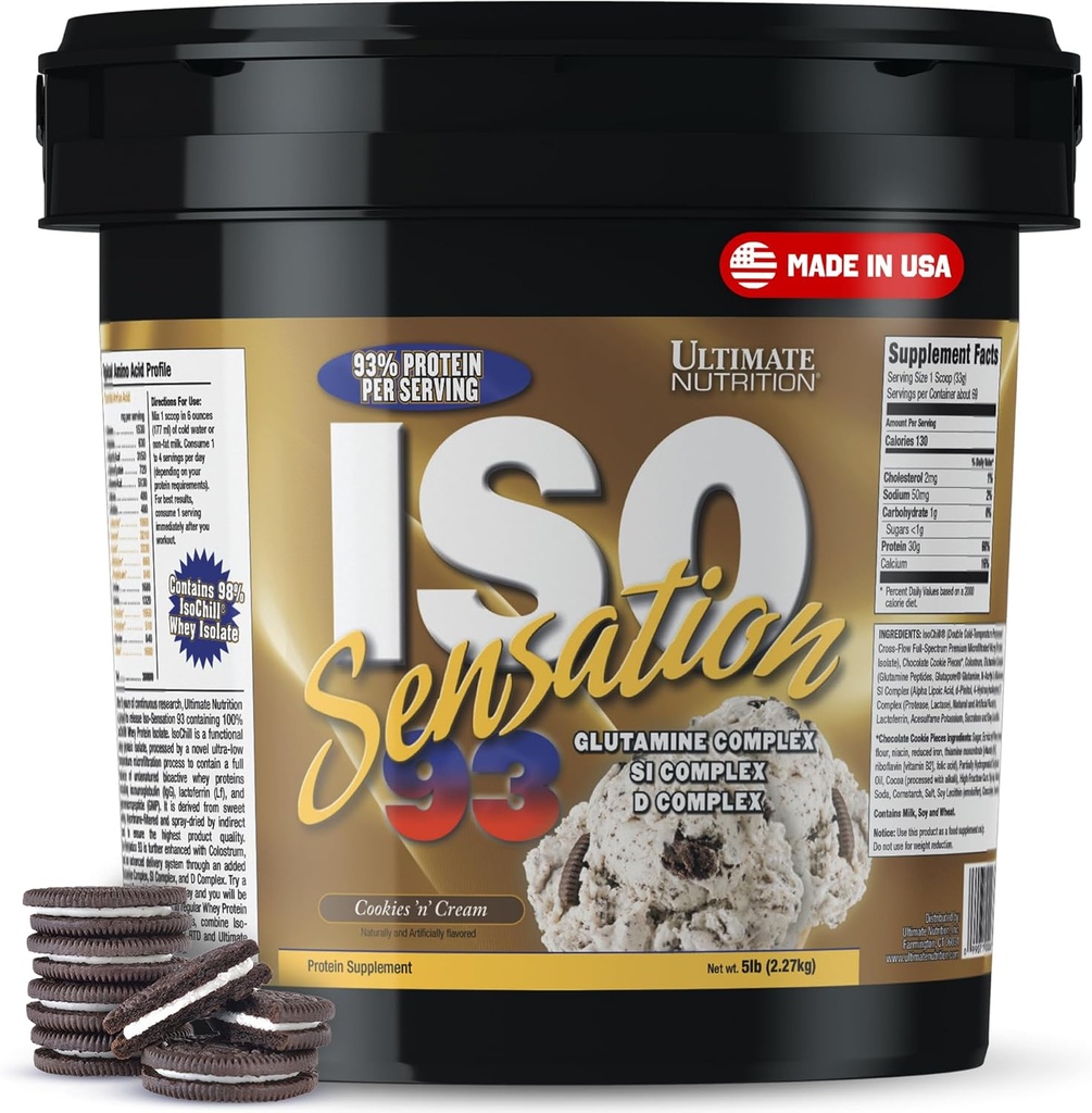 Ultimate Nutrition Whey proteini Tozu Glutamine Kompleksi, ISO Sensation 93 - Whey Protein Tozu Gelişmiş Kurtarma için Eklenmiş Colostrum, Immunity & Gut Health - Kurabiyeler N Cream, 5lbs