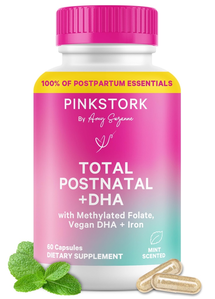 Pink Stork Total Postnatal Vitamins for Women | Vegan DHA, Metilated Folate, Iron, + Vitamin B12 | Postpartum Recovery Essentials + Emzirme Desteği | Mint, 1-Month Supply