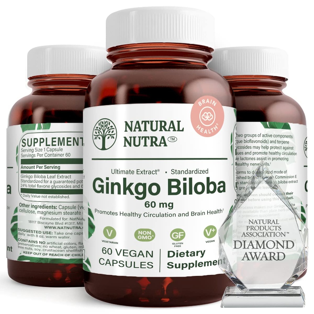 Doğal Nutra Ginkgo Biloba, Beyin ve Güçlendiricileri Geliştirir, Oksijen Akışını arttırır ve Beyin Fonksiyonlarını Destekleyebilir, Nerve Health, Vegan ve Gluten Free, (60) Capsules