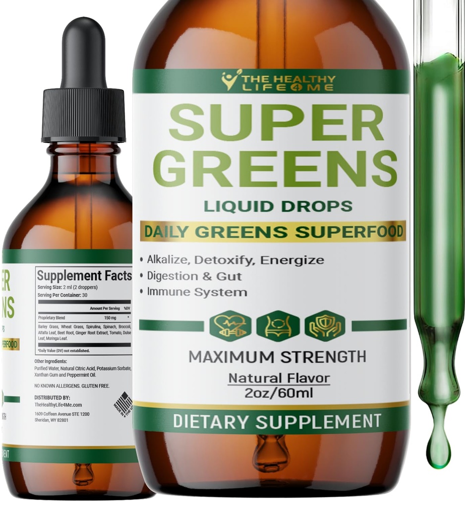 Sıvı Super Greens Drops | Güçlü Antioksis | Immune Support | Digestive Health | Peppermint Flavor | Benim için Sağlıklı Yaşam | 2oz - 30 Day Supply