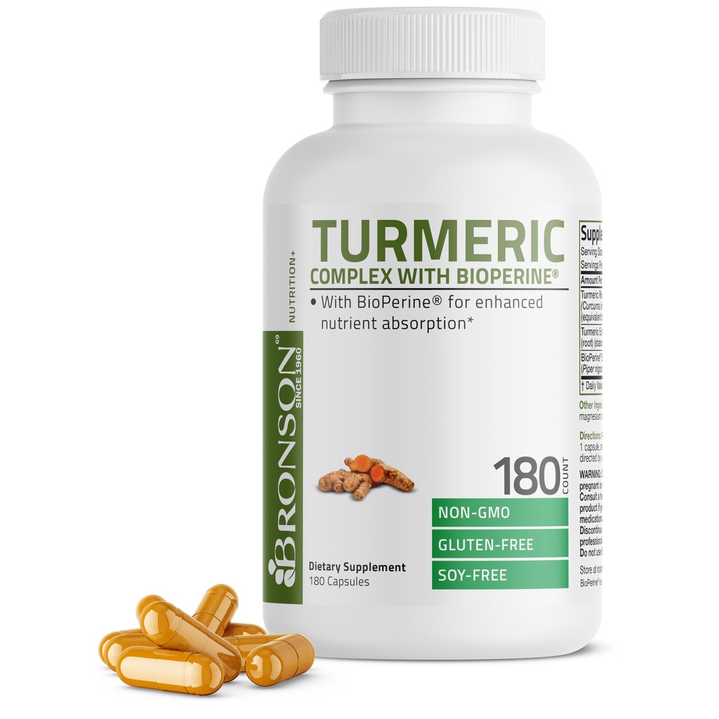 Bronson Turmeric Curcumin ile BioPerine - Yüksek Potency Premium Ortak Destek% 95 Standartize Curcuminoids - Siyah Pepper ile Non-GMO Capsules - 180 Count Count Count Count