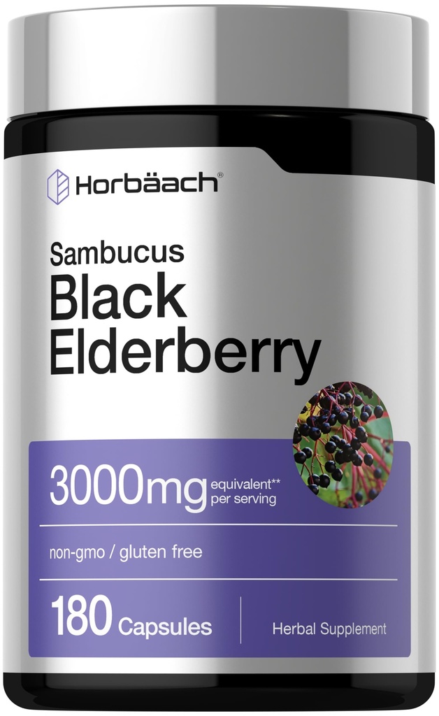 Horbäach Black Elderberry | 3000 mg Capsules | 180 Count | Non-GMO, Gluten Free | Sambucus Ekstraksiyon Tamamlayıcı