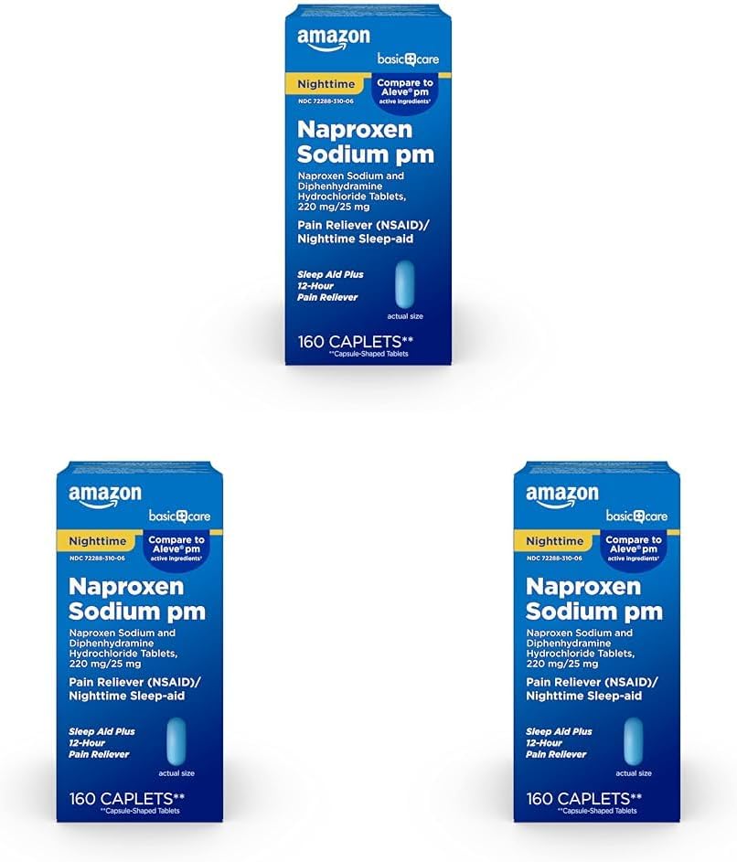 Temel Bakım All Night Pain Relief PM, Naproxen sodyum, 220 mg/Diphenhydramine,, 25 mg Tablet, Ağrı Reliever/Nighttime Sleep-Aid, 160 Count (Pack of 3)
