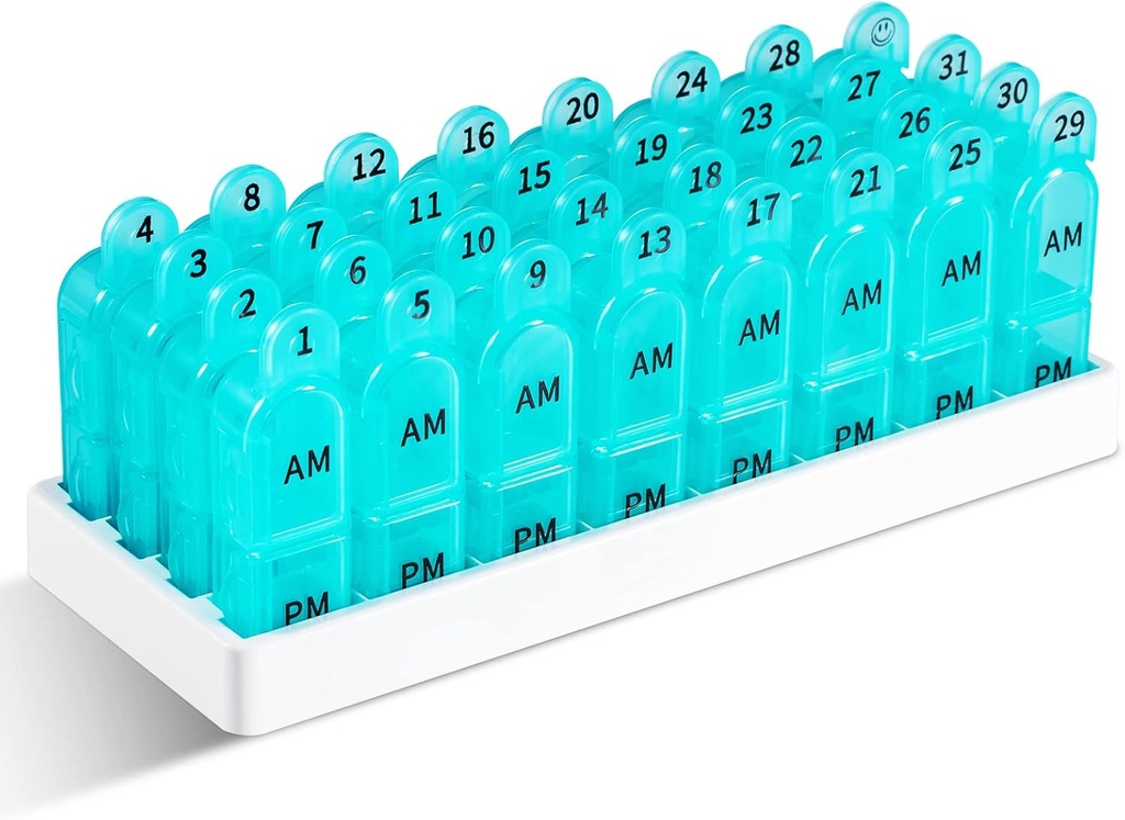 Daviky Monthly Pill Organizer 2 Times a Day, 30 Günlük Pill Box AM PM with separate Container, One Moon Medicine Case twice a Day to Holds, Supplements and Drug (Cyan)