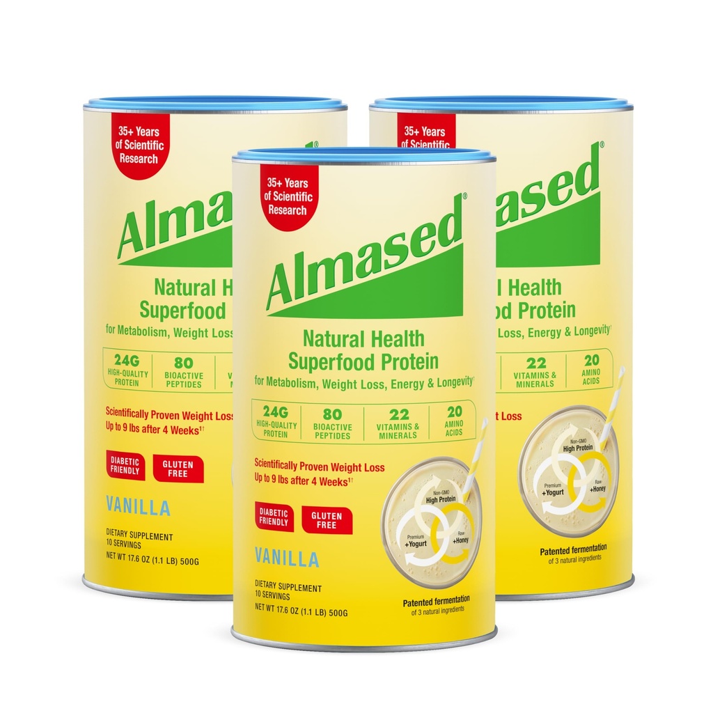 Almased Vanilla Meal Change Shake - Low-Glycemic High Plant Base protein Toz- Beslenmesel Kilo Sağlığı Desteği Tamam - Vanilla Flavor - 17.6 oz (1.1 Pound (3 Pack)