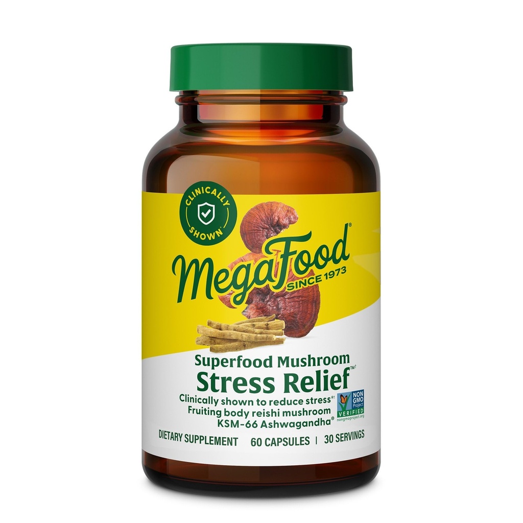 MegaFood Superfood Mushroom Stress Relief - Reishi Mushroom Supplement Clinically Studied to Reduce Stress - Doctor Formulated with Ashwagandha KSM 66 - Vegan, Gluten-Free - 60 Capsules, 30 Servings