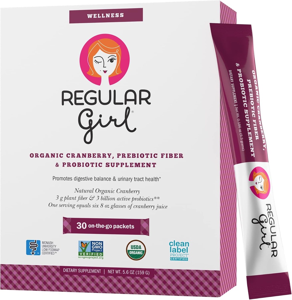 Düzenli Girl Wellness - Organik Cranberry, Prebiyotik Fiber & Probiyotik Supplement, 30 Hizmet