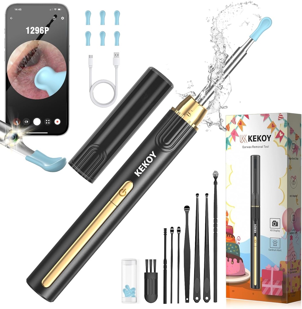 Noel için Kamera ile Kekoy Ear temizleyici, 1296P HD Ear Wax Removal Tool Camera, WiFi Otoskobu, Ear Endoskop for iOS & Android, 8 adet Ear Set (Gold) ile
