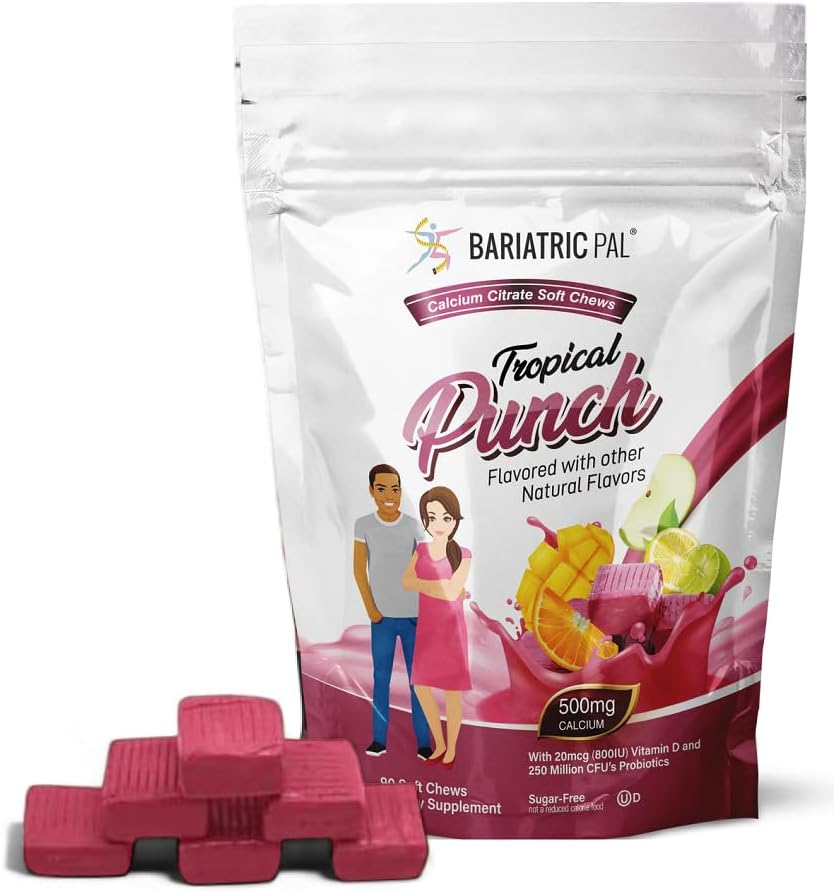 BariatrikPal Sugar-Freedis Citrate Soft Chews | 500 mg with Vitamin D & Probiyotiks | Tropikal Punch | 90 Kont (1 Ay Supply)