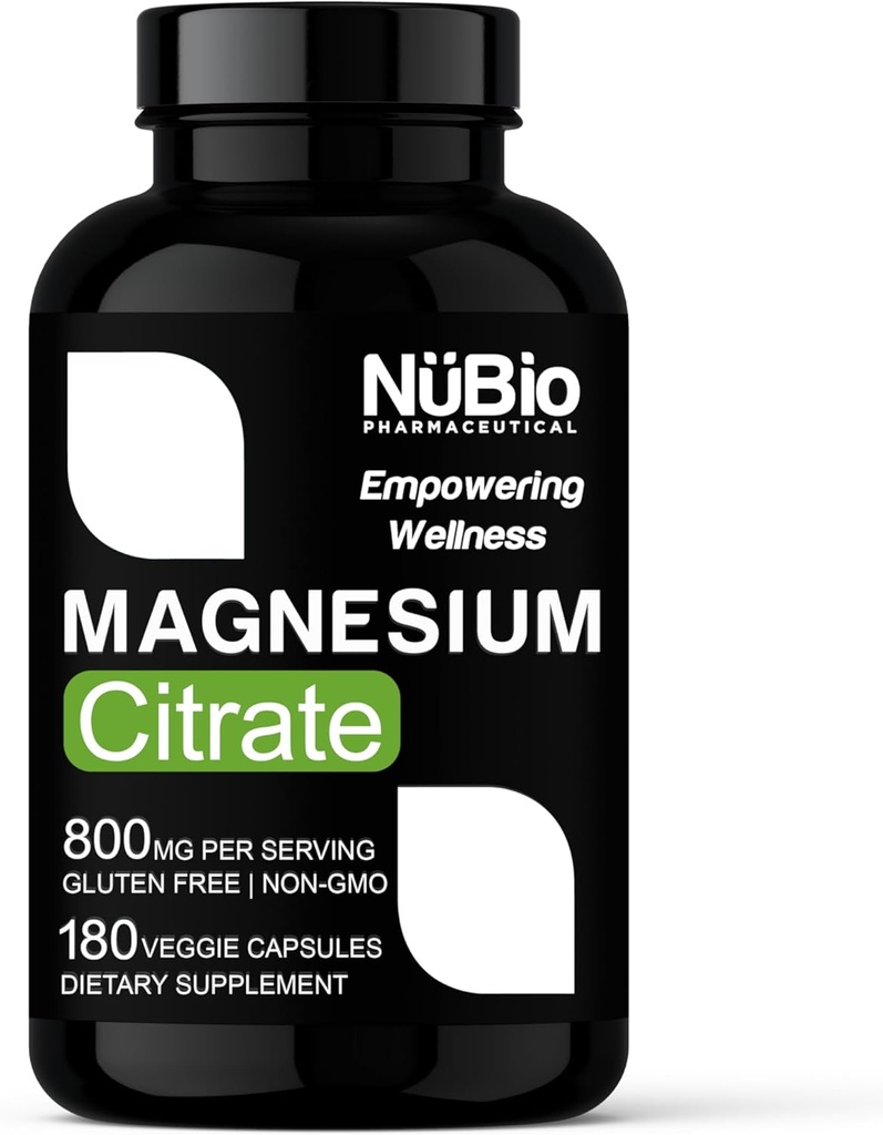USA Made Vegan Magnesium Citrate 400mg Capsules (Citrato de Magnesio) Non-GMO & Gluten-Free, Magnesium Supplement for Sleep Aid, Brain, Heart Health, Bone Strength, Metabolism and Stress by NüBio