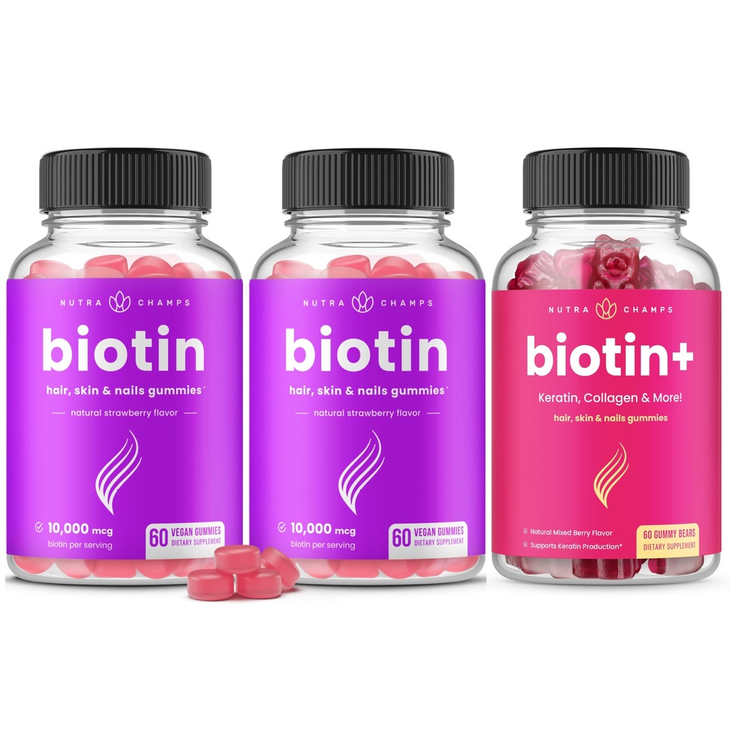 NutraChamps Saç, Skin & Nails için Biotin Log Tamamlıyor. 2 Pack Biotin & Biotin+
