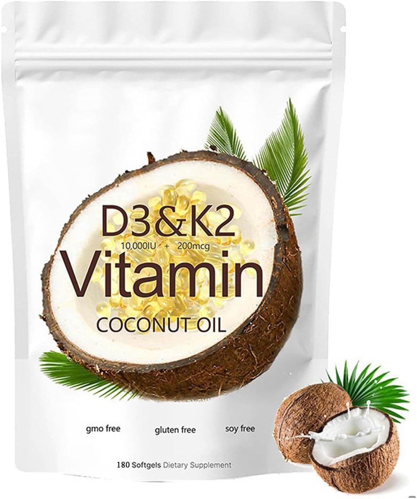 2-in-1 Vitamin D3 K2 Supplement Softgel, 10000 IU VIT D3 + 200 MCG Vitamin K2 (180 Pcs)