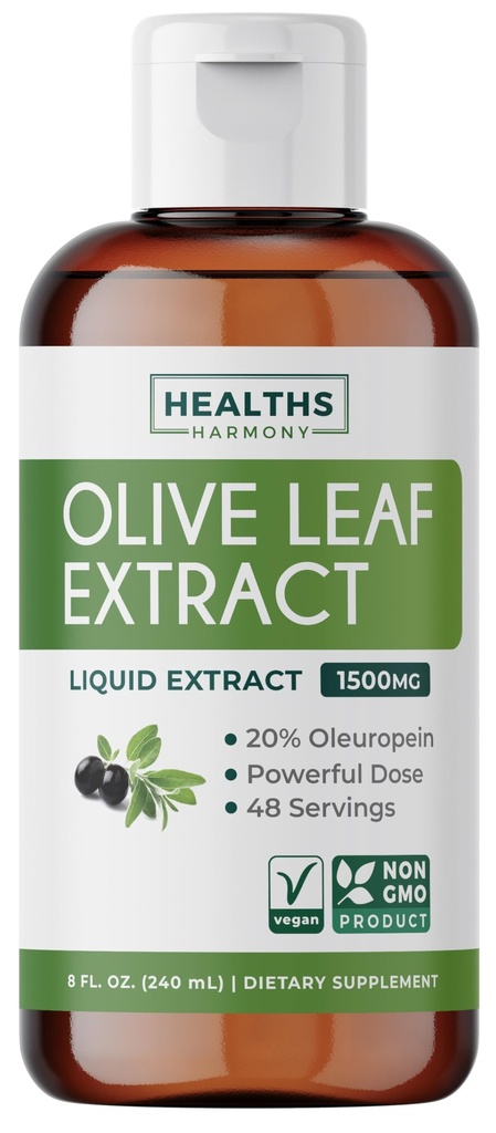 Olive Leaf Extract (Non-GMO) Super Strength: 20% Oleuropein - 1500mg - Vegetarian - Immune Support Supplement, Skin Health, and Powerful Antioxidants Supplement - Liquid Extract - 8 Fl Oz