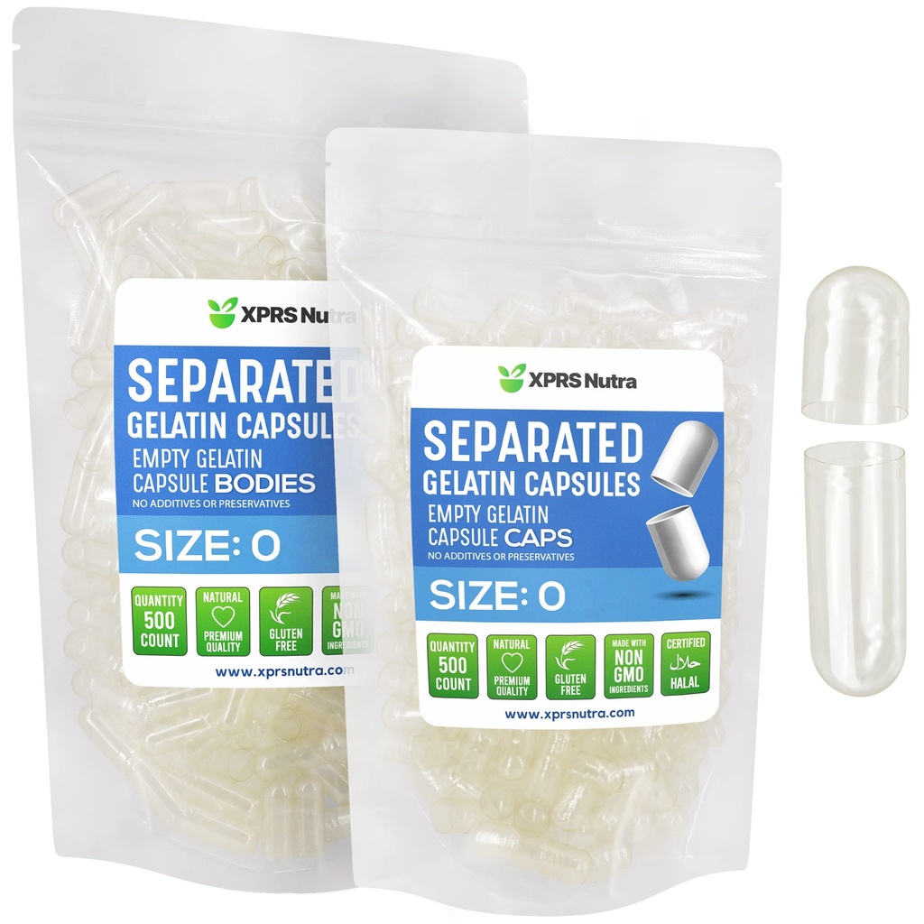XPRS Nutra Gelatin Boyutu 0 Ayrılı Kapsüller - 500 Kont Clear Boş Kapsüller Çantada Ayrıldı - Boyut 0 Gelatin Pills - Clear Boş Gel Caps for DIY Tamam Filling