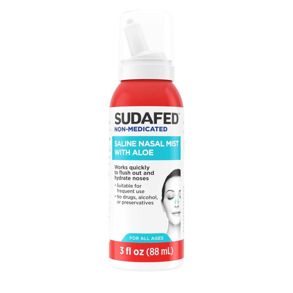 Sudafed Non-Medicated Saline Nasal Mist with Aloe, Sinus Saline Nose Spray for All Ages Quick Flushes & Moisturizes Nasal Passages, Use Nasal as often As Needed, Drug-Free, 3 fl. ozzz