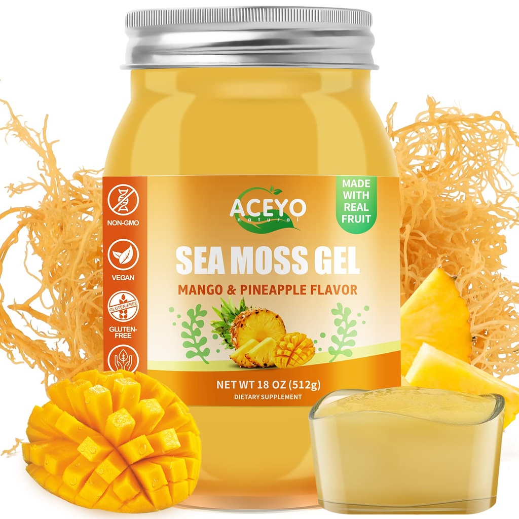 ACEYO (18 OZ) İrlandalı Deniz Moss Gel Raw Vegan Mango Pineapple Flavor 102 Vitamin ve Minerals Wild Harvested Non-GMO