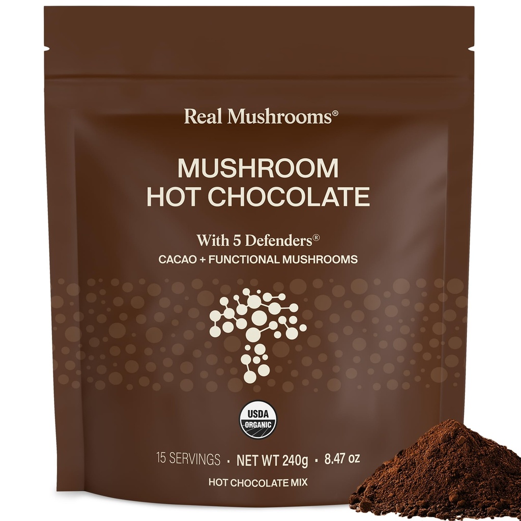 Real Mushrooms Organic Hot Chocolate Mix with Reishi, Türkiye Tail, Chaga, Shiitake, Maitake – Cacao Toz Organik Mushroom- 5 Defenders Mushroom Cacao Toz, Vegan, Gluten-Free, 15 Hizmetler