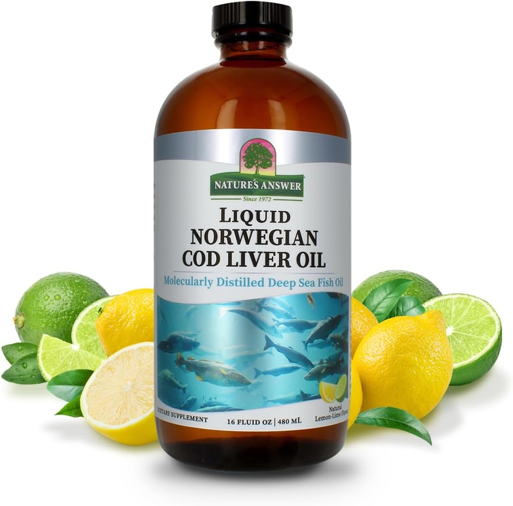 Nature's Answer Cod Liver Oil Liquid Supplement, 16-Fluid Ounces | Sağlıklı Bir Kalp ve Beyin | Bilişsel ve Kartiovascular Destek | Great Tasting (Pack of 2)