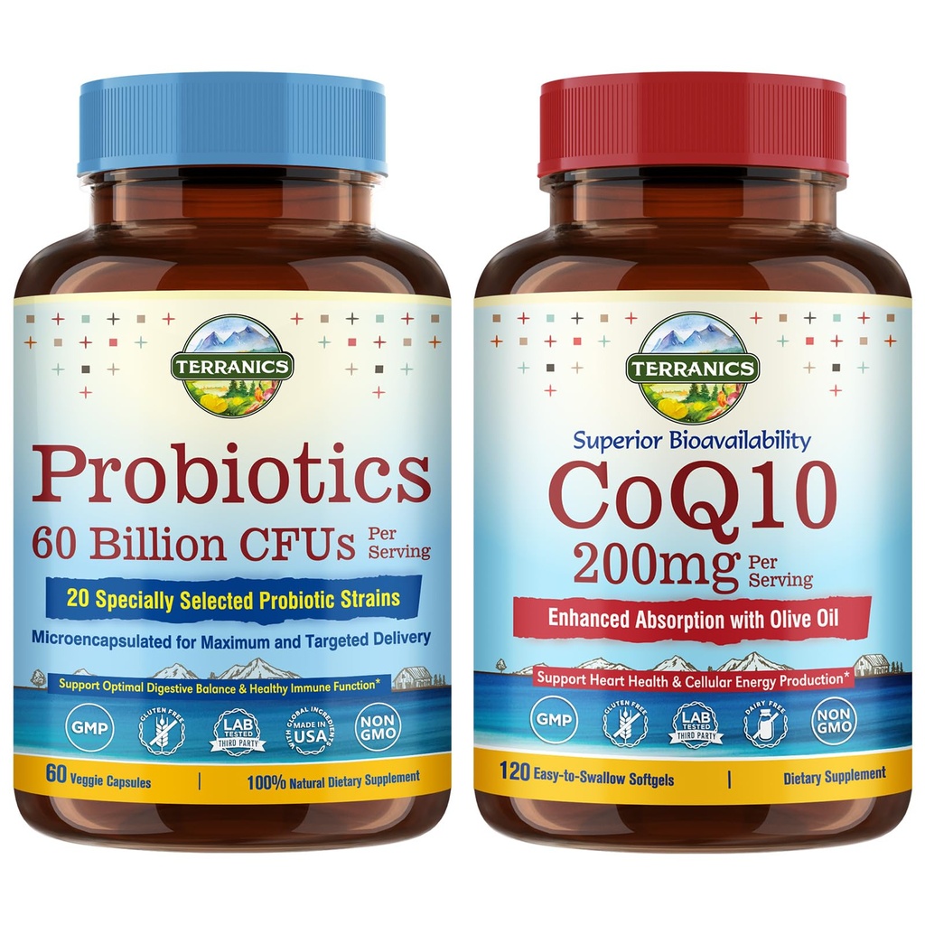 Terranics Probiyotiks & CoQ10 Sche, Heart & Digestion Health, 60 milyar Probiyotik, Bioaktif Coenzyme Q10 200 mg, Ekstra Virgin Zeytinyağı, Sche & Save Health