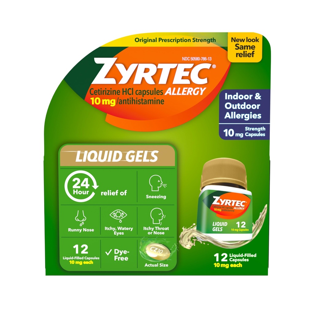 Zyrtec 24 Saat Alerjisi Sıvı Gels, Cetirizine HCl Antivirüs Tıpı Runny Nose, Sneezing, Itchy Eyes & More, 12 Kont