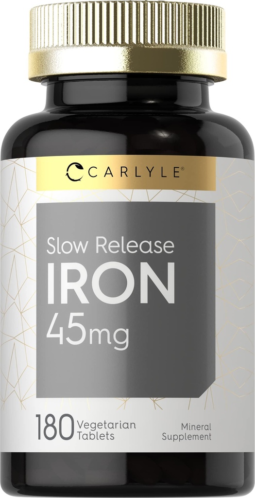 Carlyle Slow release Iron 45 mg | 180 Tabletler | Ferrous Sulfate Mineral Supplement | for Men & Women | Vegetarian, Non-GMO ve Gluten Free Formula