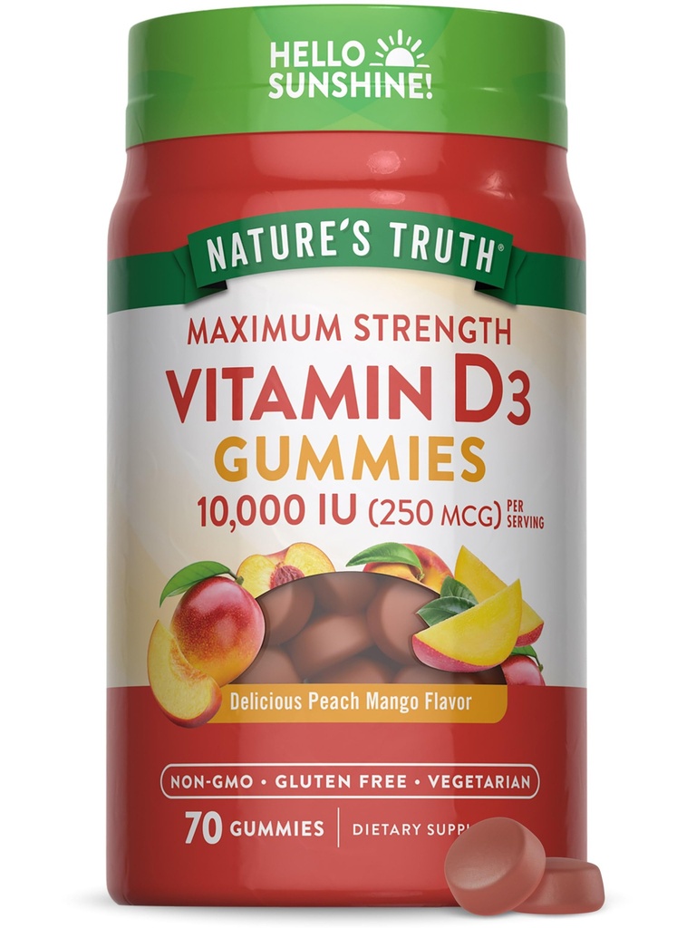 Doğanın Gerçek Vitamin D3 Gummies | 10000 IU | 70 Kont | Peach Flavor | Vegetarian, Non-GMO & Gluten Free Supplement Supplement