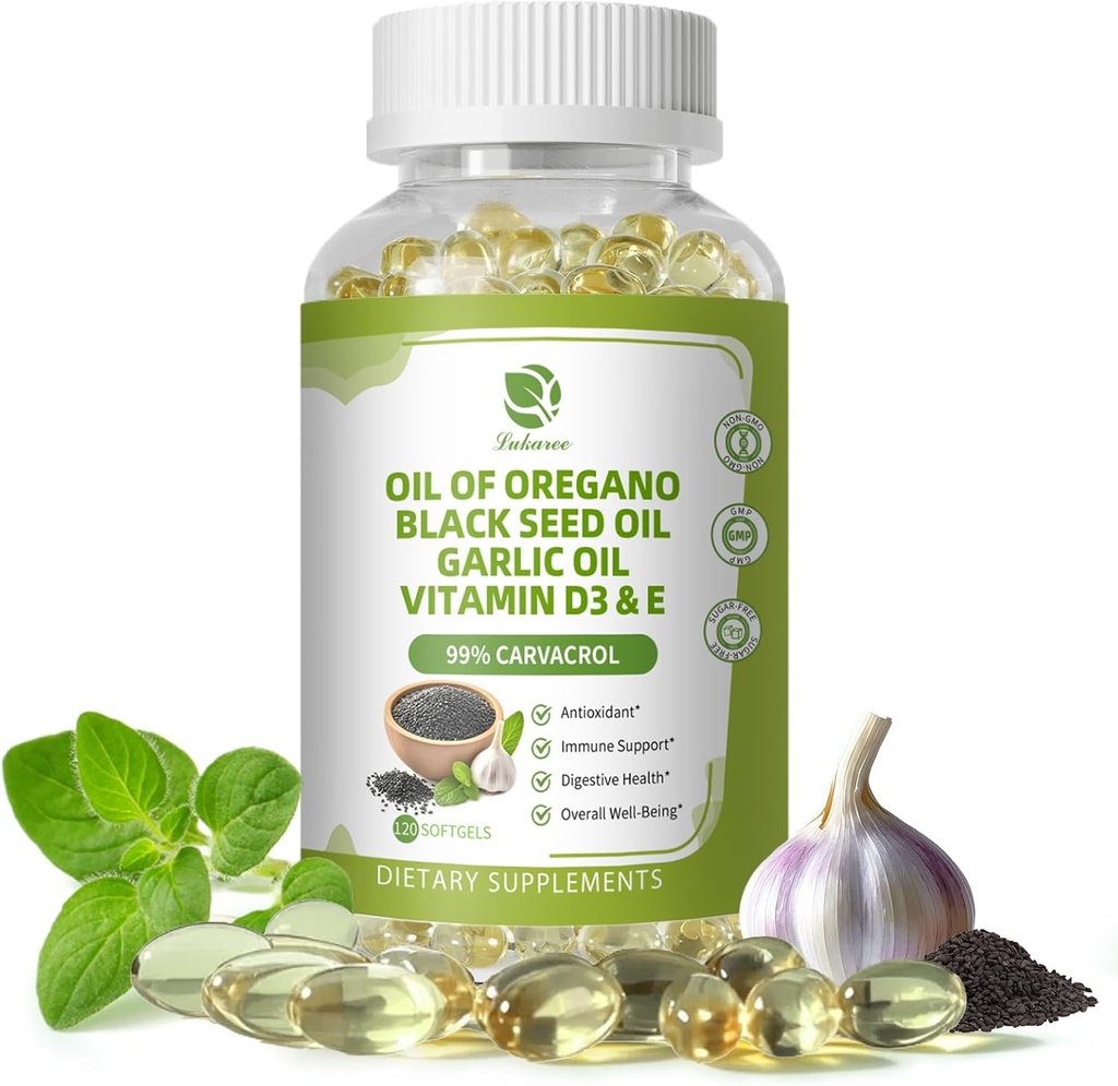 Lukaree Oregano Oil Capsules with Black Seed Oil, Garlic Oil, Vitamin D3 E,% 99 Yüksek Yoğun Carvacrol - Antioksi, Immune & Digestive Support*, 120 Softgels Caps, 60 Day Supply, Non GMO | GMP