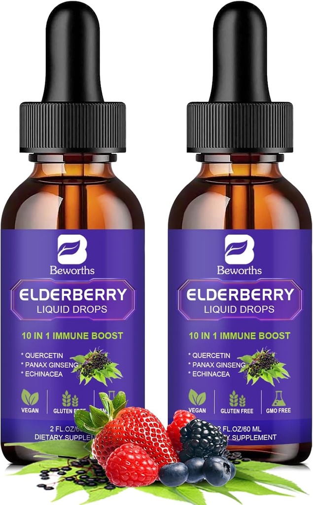 Elderberry Syrup | Organik Quercetin Black Elder Kaynar Çocuklar ve Yetişkinler için Merdivenler | Sambucus Elderberry Vitamin C, D3, çinko | Vegan, Gluten Free, 2 Pack