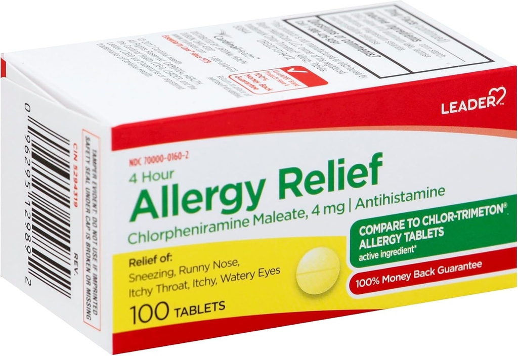 Lider 4 Saat Alerji Yardımı, Chlorpheniramine 4 mg Tablet, Sneezing için Hızlı Örnek Yardım, Runny Nose, Itchy Eyes, Allergies, 100 Tablet