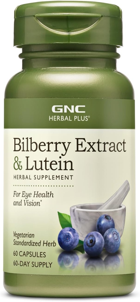 GNC Herbal Plus Bilberry Extract ve Lutein Supplement, Vegetarian, Supports Eye and Vision Health, 60 Hizmet