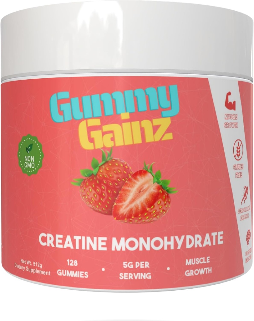 Kretine Monohidrat Gummies Muscle Strength Builder, Erkekler ve Kadınlar için 5000 mg Enerji Pre-Workout Chewables Supplement 128ct (Regular, Strawberry)