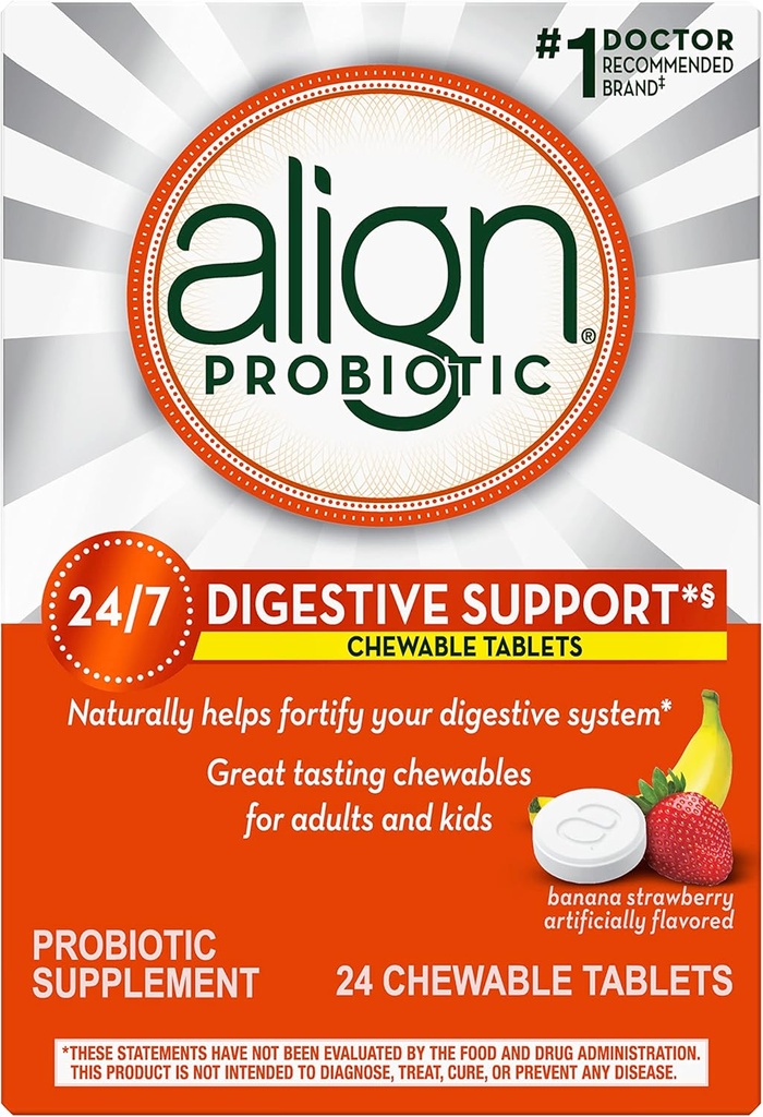 Align Probiyotik, Kadınlar ve Erkekler için Chewable Probiyotik Tabletleri, Sağlıklı Bakterilerle 7/24 Digestive Sisteminizi Onaylayın, #1 Doktorlar ve Gastroenterologlar tarafından önerilen Probiyotik, 24 Tablet