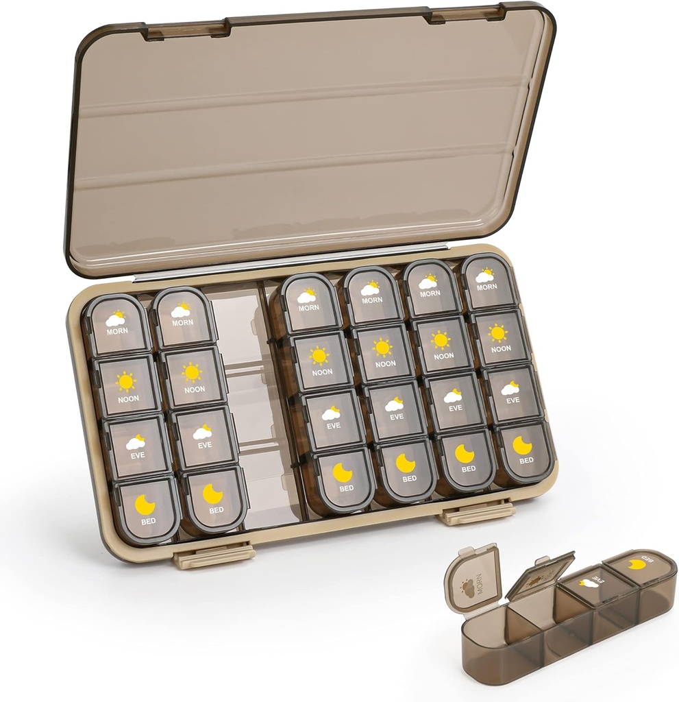 Pill Organizer 4 Times A Day, 7 Day Pill Box 4 Times A Day - Acedada Weekly Medicine Box Organizer with Ayrı Case, Portatif Günlük Pill Konteyner Kaplaması Formlar için Banyo Yağları Tamamlar, Brown