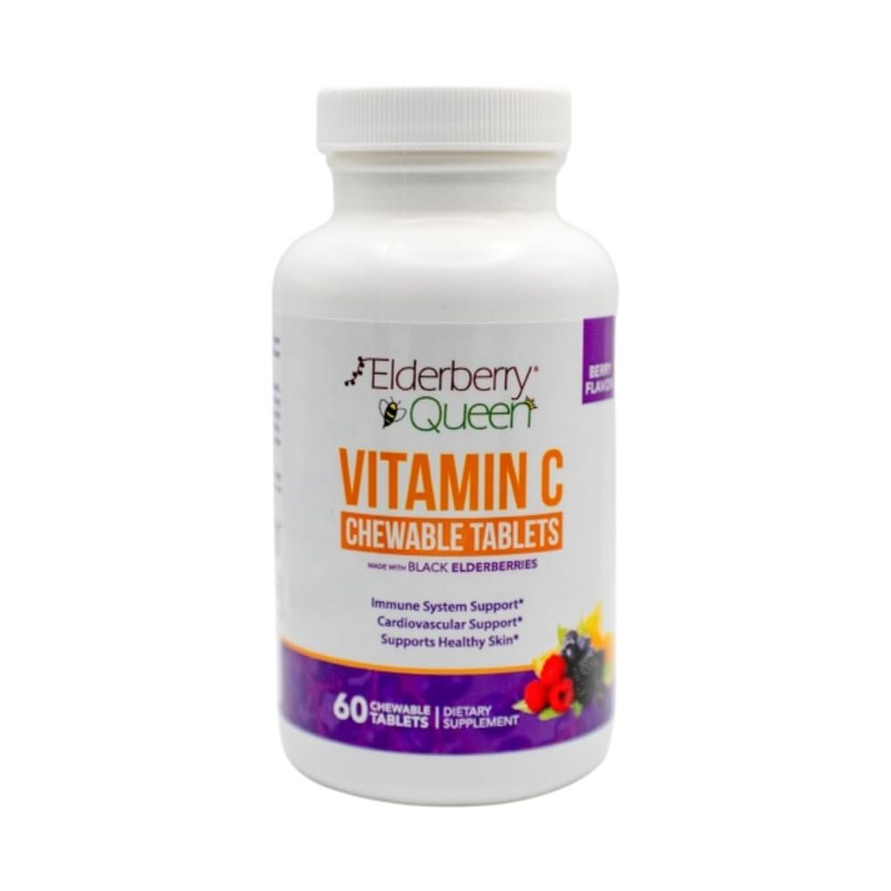 Yaşlı Kraliçe Chewable Vitamin C 500 mg - Immune Boost & Antioksi Support Tabletleri A, E & Organik Echinacea, Yaşlı Meyve, Jiaola - Doğal Diyet Tamam, 60 Kont