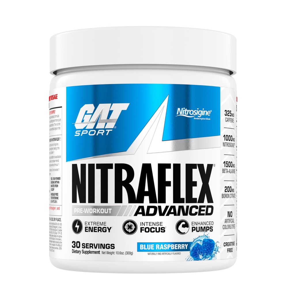 GAT SPORT Nitraflex Advanced Pre-Workout Toz, Blood Flow, Boosts Strength and Energy, improves Egzersiz Performansı (Mavi Raspberry, 30 Hizmet)