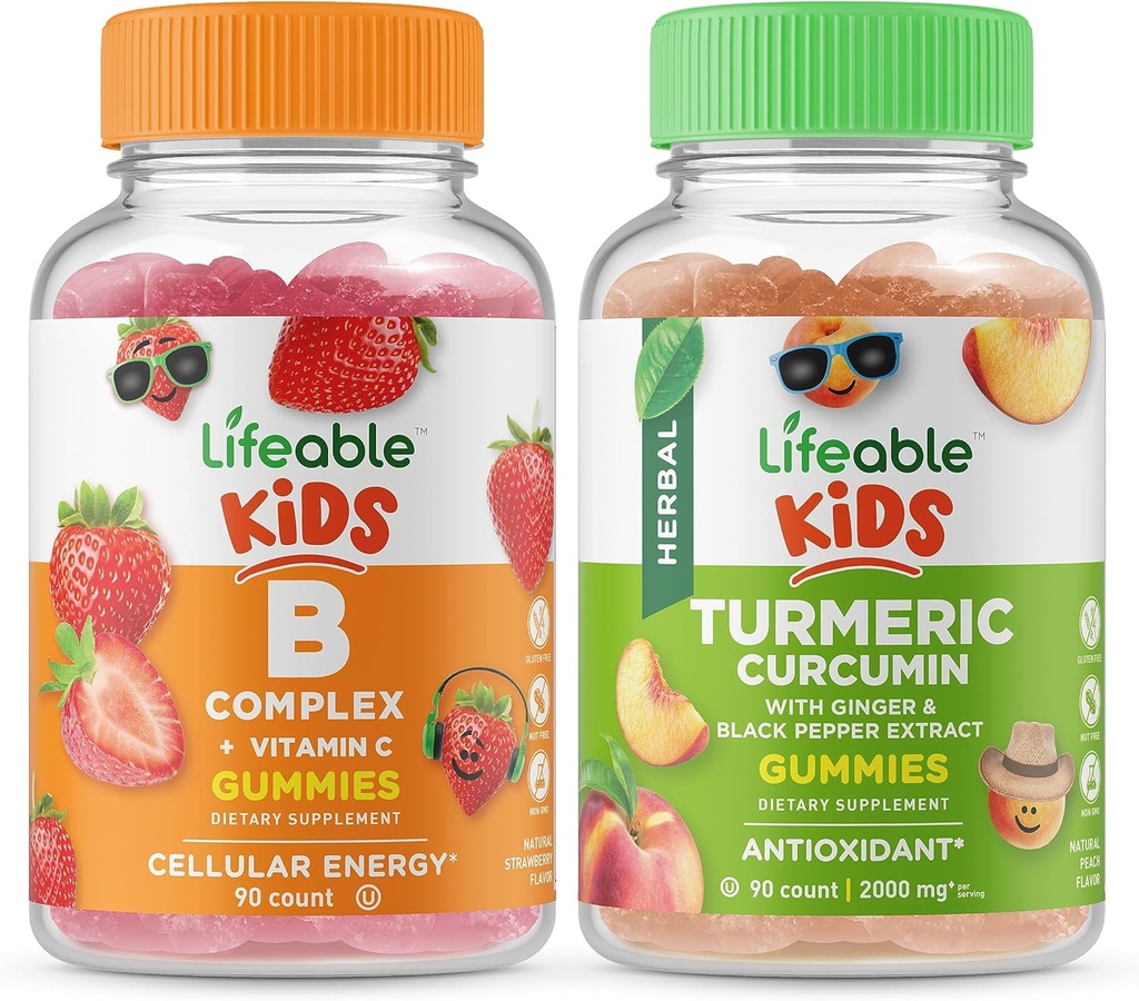Lifeable B Complex Kids + Turmeric Curcumin Kids, Gummies Sche - Great Tasting, Vitamin Supplement, Gluten Free, GMO Free, Chewable Gummy