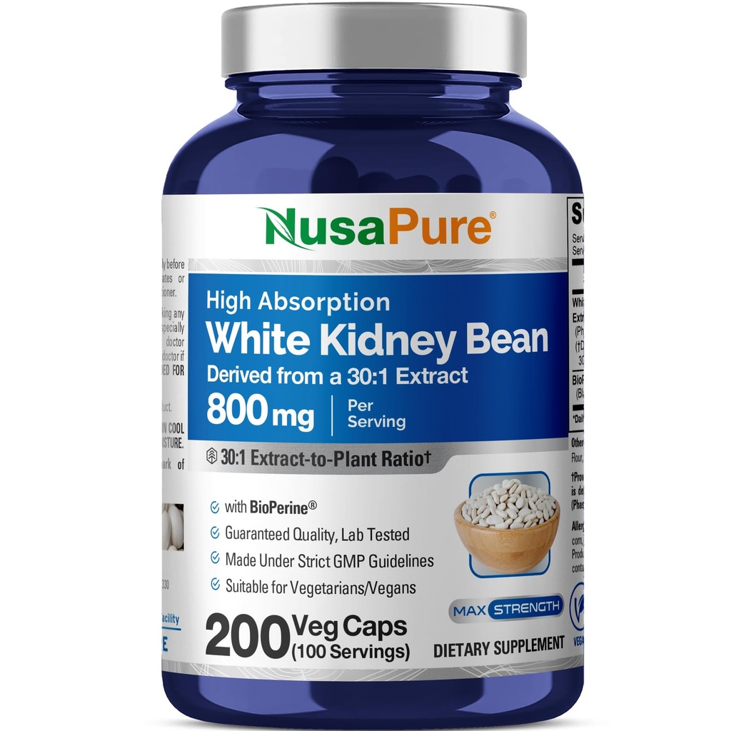 NusaPure White Kidney Beans 30:1 Ekstraksiyon, 800 mg 24.000 mg 200 Vegan Capsules - Bioperine - (Vegan, Non-GMO)