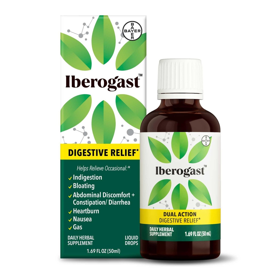 Iberogast Liquid Drops, Herbal Relief of Stomach Upsets: Occasional Indigestion, Bloating, Gas, Nausea, Upset Stomach; Gluten Free; 6Herb Mix with Iberis Amara, Peppermint, Licorice; 50mL